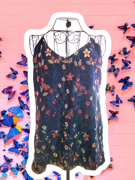 Lumiere Tops - Floral Embroidered Navy Velvet Cami Top
